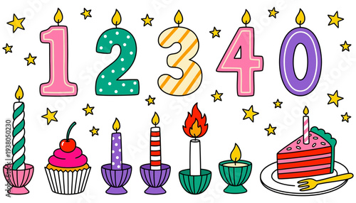 A festive collection of colorful birthday candles shaped like numbers one through zero a cupcake with cherry and a slice of cake celebration party sweet dessert occasion anniversary