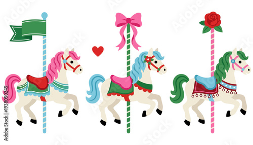 Three whimsical carousel horses with colorful manes tails and saddles are depicted in a playful decorative arrangement amusement park carnival ride vintage festive joy fun