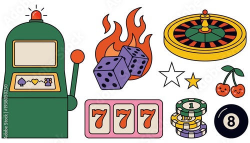 Colorful graphic elements depicting casino and gambling icons including a slot machine dice on fire roulette wheel lucky sevens cherries and poker chips game bet win play