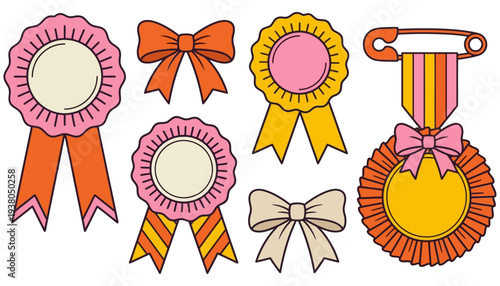 Collection of colorful rosettes ribbons and medals in a playful retro style perfect for celebrating achievements award trophy prize champion winner success recognition celebration