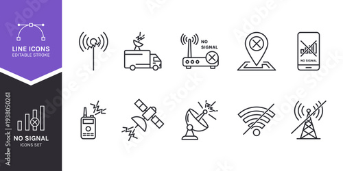 No Signal and Communication Icons Pack, Live news, WiFi, Satellite, Tower and Jammer No Signal Vector Set with Editable Stroke