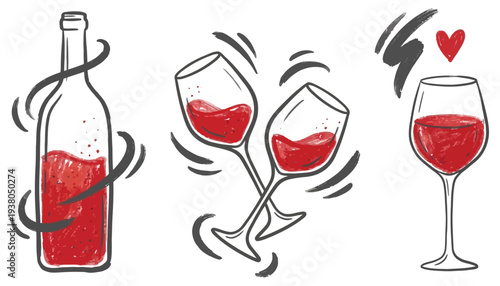 A hand drawn illustration depicts a bottle and three glasses filled with vibrant red liquid suggesting wine or a beverage with expressive brush strokes and a heart symbol