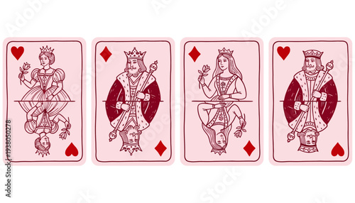 Four illustrated playing cards featuring kings and queens with hearts and diamonds in a hand drawn style on a pink background card deck gambling casino game poker royalty