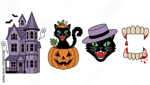Collection of Halloween themed graphics including a haunted house black cats in a pumpkin and with a hat and vampire fangs dripping blood holiday spooky scary ghost bat autumn