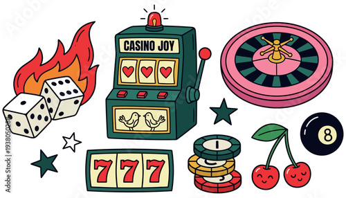 Collection of casino and gambling icons including slot machine dice on fire roulette wheel cherries poker chips and an eight ball luck game chance entertainment risk win bet