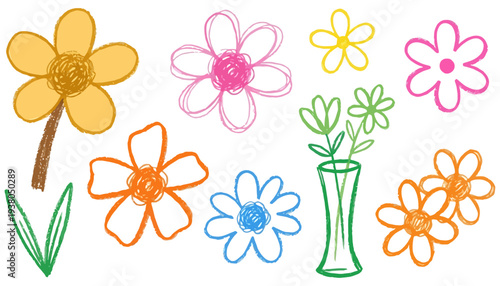 A collection of colorful hand drawn flower illustrations in various styles and colors including a yellow daisy pink flower orange petals and green vase with blooms drawing