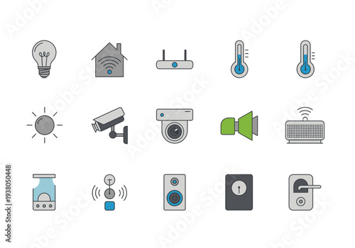 A grid of 15 flatstyle icons representing various smart home and IoT devices