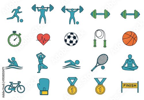 A grid of 20 colorful minimalist vector icons related to fitness and sports