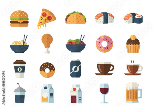 A grid of 20 flatstyle icons representing various foods and beverages