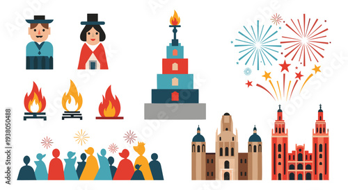 Traditional spanish festival icons and landmarks, people in costumes with fireworks