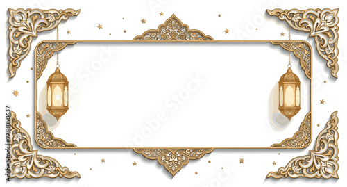 Luxury Ramadan Kareem Islamic golden frame with hanging lanterns arabesque ornament vector background elegant decorative template