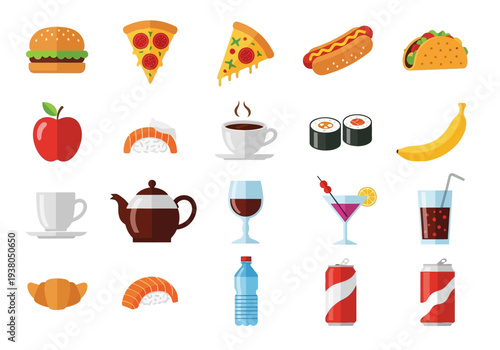 Grid of flat design icons depicting various foods and drinks