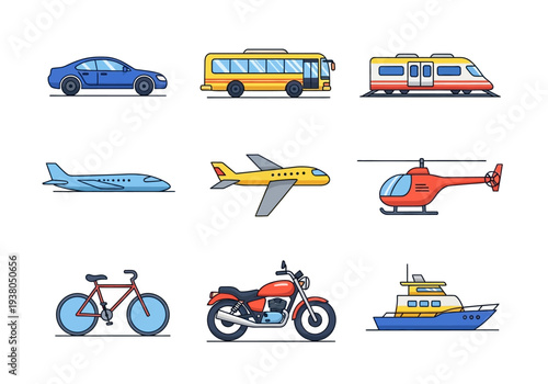 Nine distinct transportation icons arranged in three rows of three against a white background