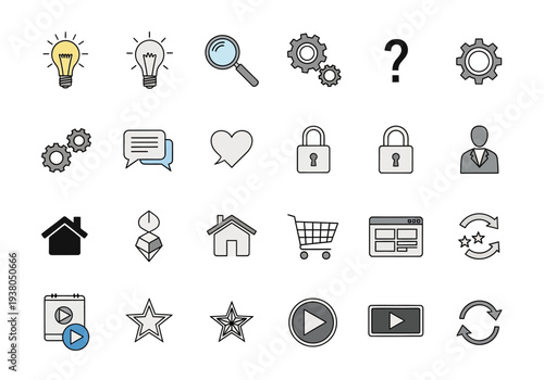 Set of 28 outline and filled icons for web and application interfaces in four rows