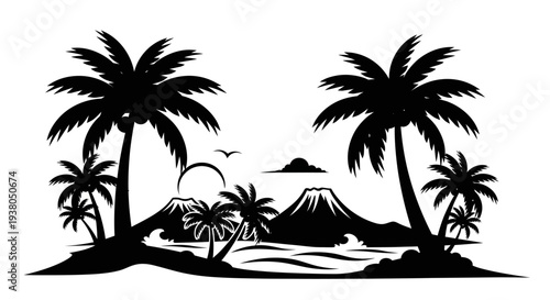 Black silhouette of tropical palm trees.