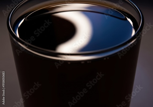 An elegant, dark beverage reflects a soft, curved light source, creating a subtle crescent shape on the liquid surface, symbolizing calm evenings, visual, glass, still