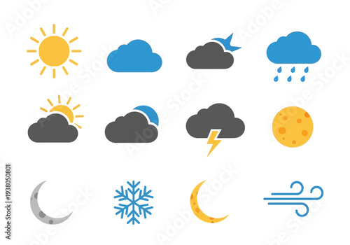 Twelve weather forecast icons arranged in a threerow fourcolumn grid