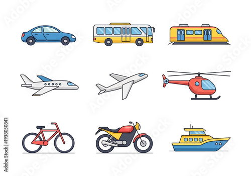 Nine cartoon icons of diverse vehicles arranged in a threebythree grid