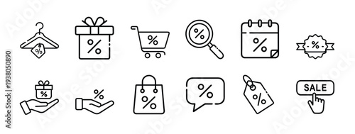 Shopping sale and discount line icon set with percentage gift box, promo hanger tag, calendar offer, magnifying glass search, retail bag more vector illustration or editable stroke.