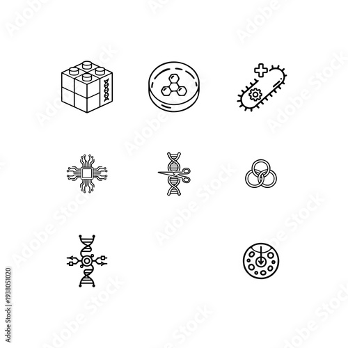 Synthetic biology and genetic engineering linear icon set, DNA design, cellular programming and bio-foundry research vector symbols