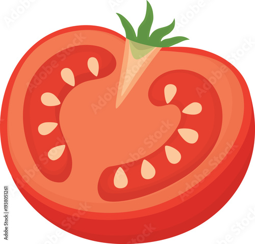 Illustration of ripe red tomato cut in half with seeds. Fresh slice vegetable isolated on transparent background