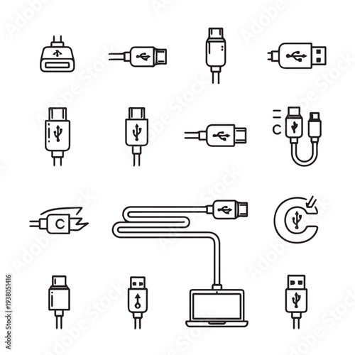 USB Connector Icons Collection Various Types and Cables Vector Illustration