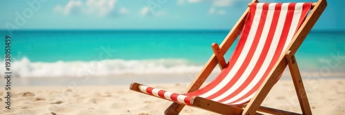 Relaxing striped deck chair on a sunny beach, close-up view of the fabric and wood Perfect for summer holiday themes, travel, and relaxation Ideal for websites, blogs, and advertising , red, wood
