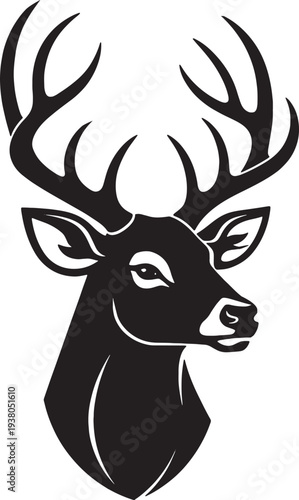 Black and white illustration of a deer head with large antlers