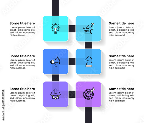 Infographic template. 6 glass squares with icons and text