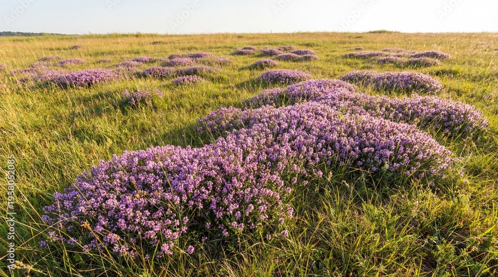 Fototapeta premium Meadow with blooming thyme flowers under bright sunlight