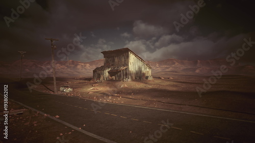 Photography isolated shack on desert road under stormy dusk sky, weathered wood siding, crac
