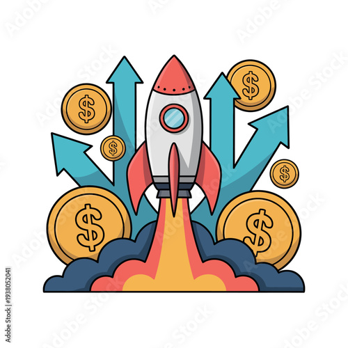 Rocket launch graphic shows upward financial growth indicated by arrows and gold.