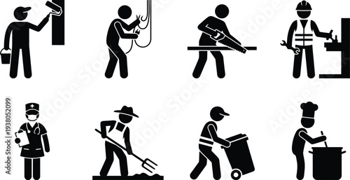 Vector illustrations of various professions in black and white style, showcasing different occupations such as painter, electrician, nurse, and chef