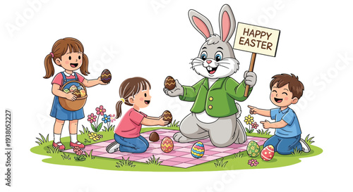 Adorable vector illustration of happy children participating in an easter egg hunt with the bunny