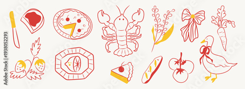 Italian homemade retro vintage doodle drawing. Family dinner, picnic, breakfast, lobster, pie, mediterranean summer food. Dolce vita line art drawings for cafe or restaurant menus. Abstract whimsical