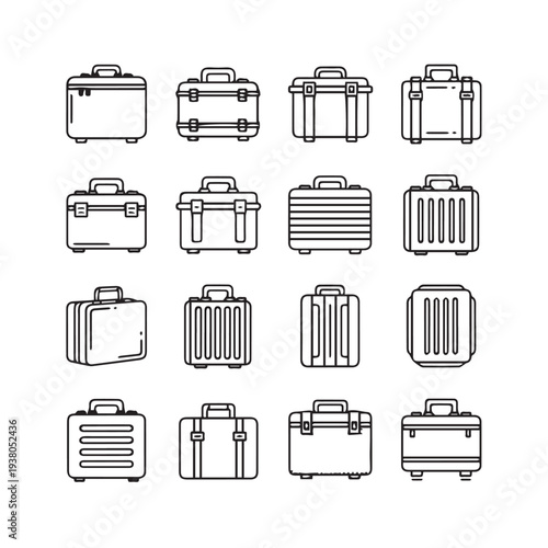 Various Luggage Icons Collection Travel Bags Suitcases Briefcases Vector Line Art
