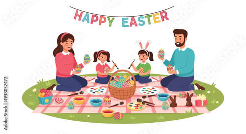 Family vector illustration happily painting colorful decorated eggs together during an outdoor spring celebration