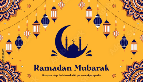 Ramadan Mubarak celebration with mosque and lanterns