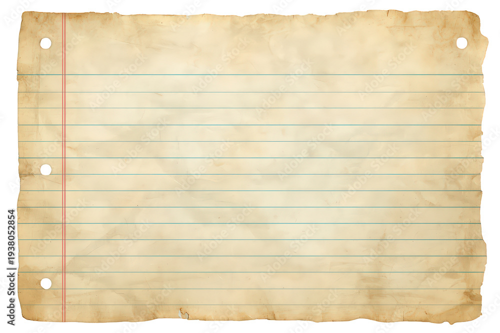Fototapeta premium Old lined paper with grunge texture and torn edges, a vintage sheet for notes and writing, transparent background