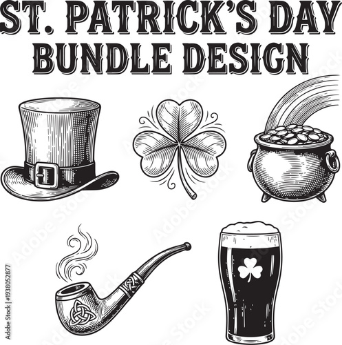 St. Patrick's Day bundle design featuring hat, shamrock, pipe, and beer  