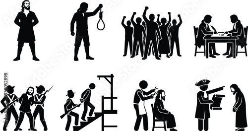 Historical events depicted through vector illustrations of individuals and groups in various dramatic situations