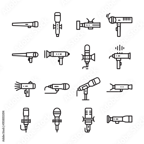 Various Microphone Icons CollectionLine Art for Audio Recording and Broadcasting