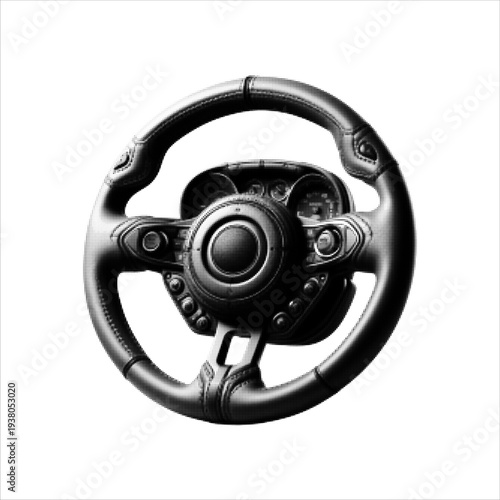 Black and white halftone illustration of car steering wheel. Automotive control concept symbolizing driving, transportation, vehicle navigation and road safety isolated on light background.