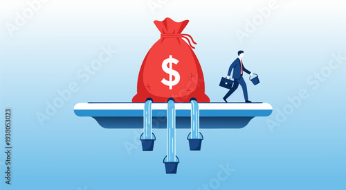 Business Finance Vector Illustration of a Businessman Walking Towards a Money Bag with Cash Flowing Out, Symbolizing Investment and Earnings