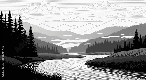 Serene mountain river landscape vector illustration, a calm flowing river through lush green banks surrounded by evergreen trees and majestic misty mountains, 7