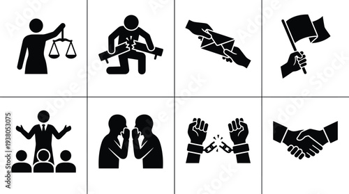 Set of legal and conflict resolution icons illustrating justice, negotiation, and partnership concepts