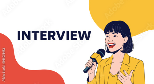 Vector Illustration of a Young Woman Holding a Microphone, Capturing the Essence of an Interview with a Bright and Engaging Design