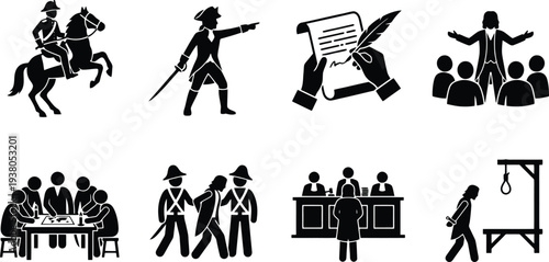 Historical vector illustrations depicting significant moments in American Revolutionary War events