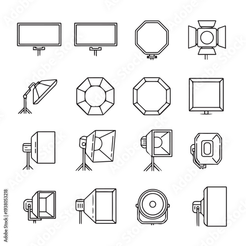 Various Photography Lighting Equipment Icons SetStudio Gear Collection