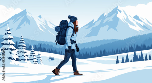 Winter Adventure Vector Illustration of a Hiker with a Backpack in a Snowy Mountain Landscape